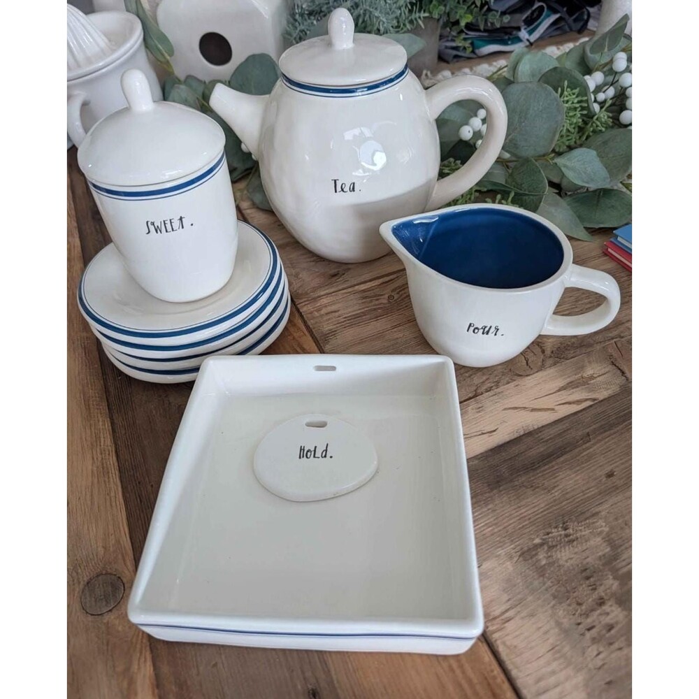 Rae Dunn BLUE LINE Ceramic 8 Piece Tea Set 2018